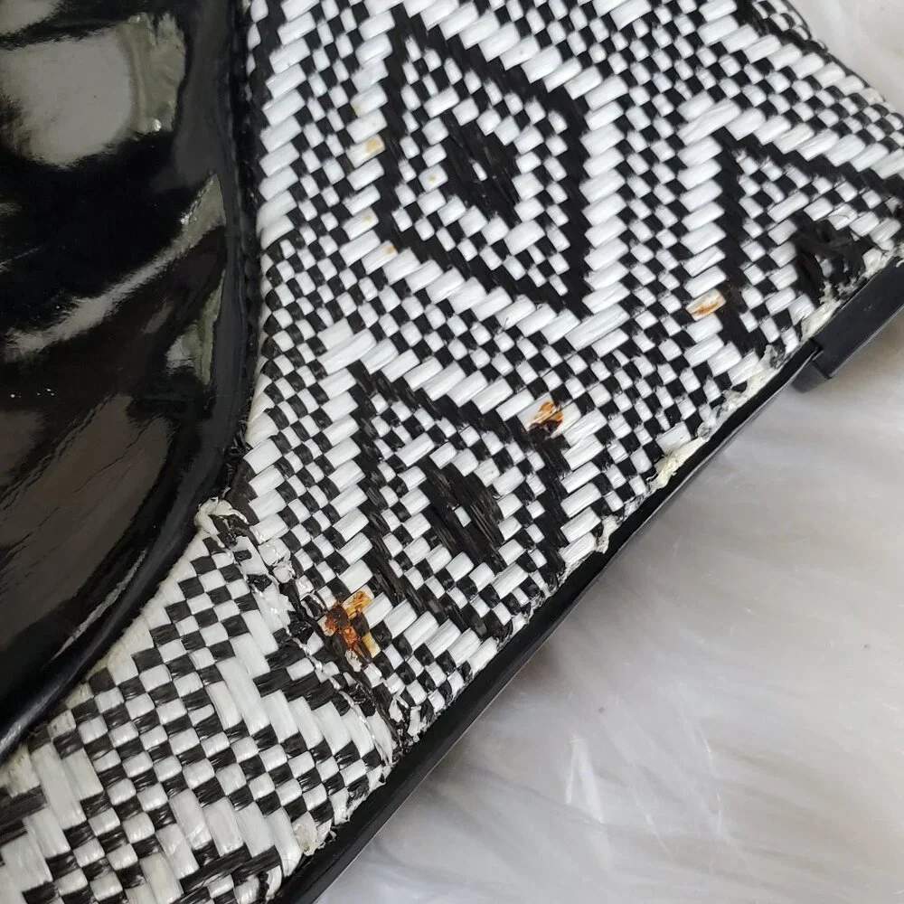 Audrey Brooke Black/White Espadrilles Peep Toe Wedge Sandals SZ 8